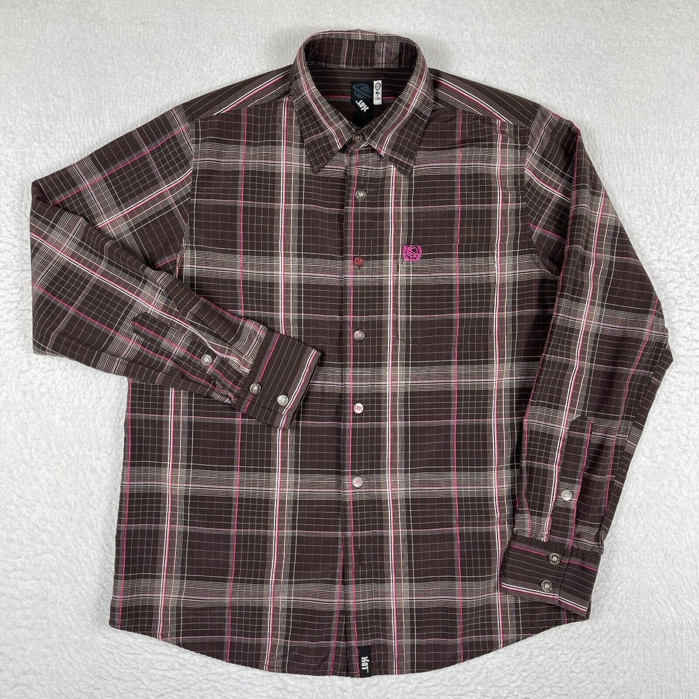 Lost Enterprises Button Down Shirt Mens Medium Brown Pink‎ Plaid Long Sleeve Y2K